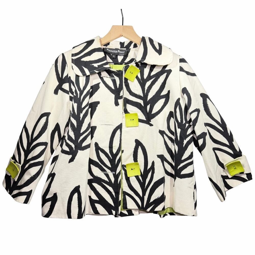 Painted Pony Jacket Lined Black Ivory Green Women's Size S 100% Cotton Vintage